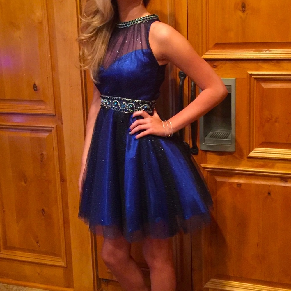 Dave & Johnny Royal Blue with Rhinestones and Starlight Finish Homecoming Dress.